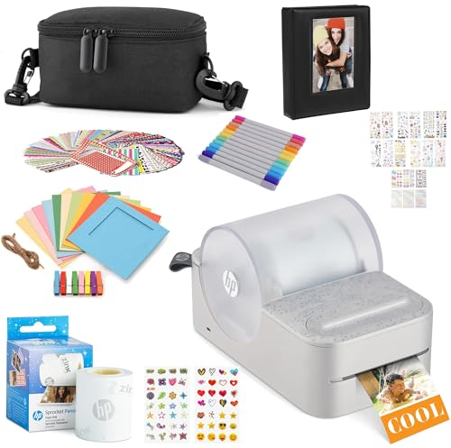 HP Sprocket Panorama Tragbarer Sofort-Farbetiketten- und Fotodrucker (Grau), Geschenkpaket mit Etui, Zink-Rolle, Fotoalbum, Markern, Aufklebern und Rahmen