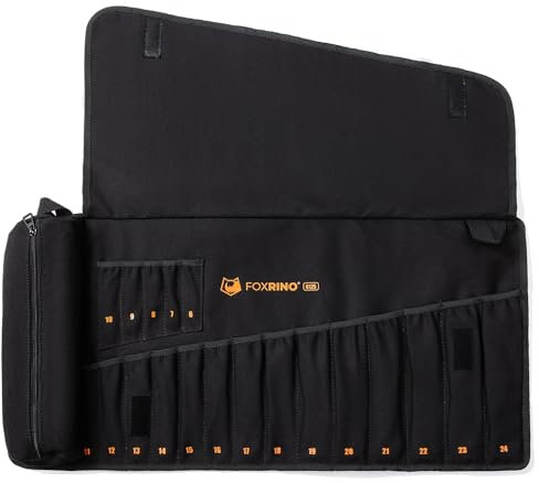 Foxrino Schraubenschlüsselrolle, aufrollbare Tasche, Geschenke für Männer, Vater, Mechaniker, robuste Canvas-Schraubenschlüssel-Organizer-Tasche (schwarz, 19 + 1 metrisch)