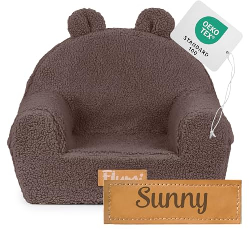 Flumi Personalisierte Kindersessel – Babysessel - Kindersitz fur Kinderzimmer Spielzimmer – Sessel mit Gravur Kindername (Lammfell schokobraunes)