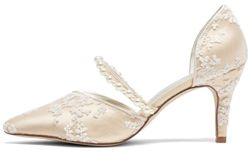 Emily Bridal A18353-49 bröllopsskor för kvinnor med spetsig tå 8,9 cm stilettklack satängpumpar pärlblomma brudskor, Champagne, 39 EU