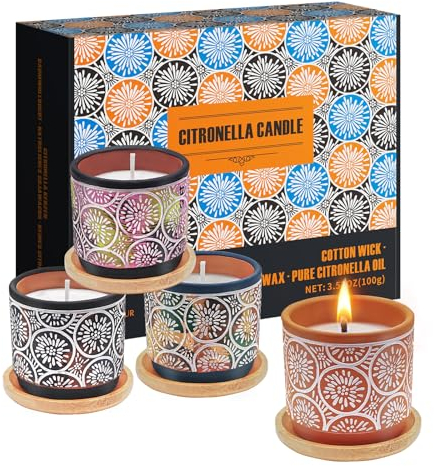 Candele citronella esterno interno, 4 X 3.52OZ candele per esterno con oli di citronella e cera di soia naturale, candele alla citronella per camera da letto, giardino, campeggio, regali per donne