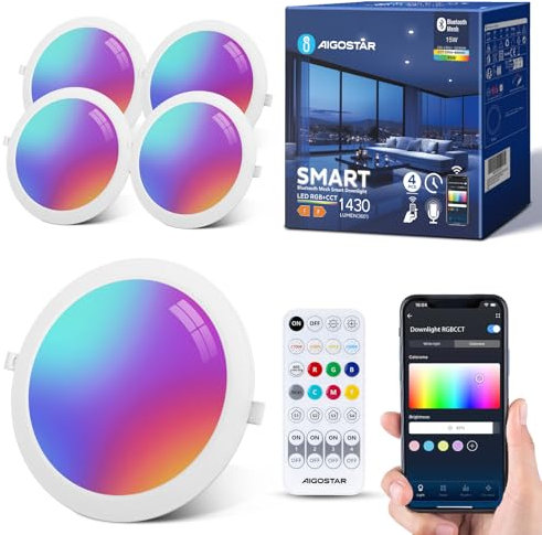 Aigostar Faretti LED da Incasso per Cartongesso 15W, Intelligente Faretto LED Interno Bluetooth Mesh Compatibili con Alexa, Dimmerabile RGB e Bianco Caldo a 2700K-6500K, Ф150-160mm, 4 unità