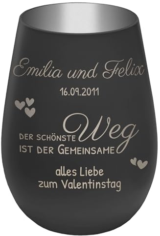 Windlicht mit Gravur ''Der schönste Weg'' - Schwarz/Silber - Teelichthalter personalisierbar mit Wunschtext - Geschenk zu Valentinstag Hochzeit Verlobung Jahrestag