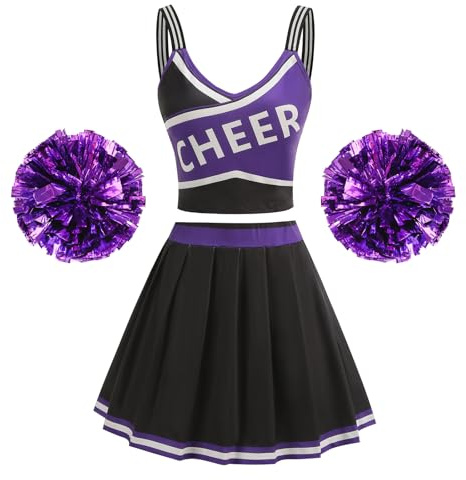 maxToonrain Cheerleader-Outfit für Damen, Übergröße, Halloween-Kostüm, Cheerleader-Kostüm, Highschool-Riemen, Cheerleader-Poms, Pompons + Outfit, Uniformrock für Damen, Lila, Größe S