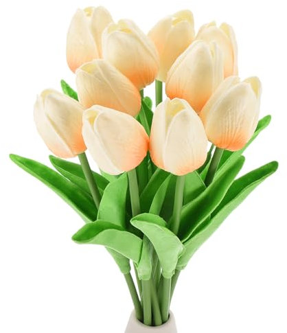 sourcing map 10pcs Tulips Artificial Flowers, Artificial Flowers Fake Tulip Stems Real Touch for Wedding Bouquet Centerpiece Table Party Decoration (Light Champagne)