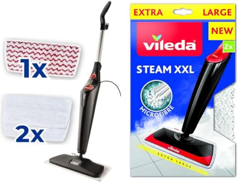 Vileda Steam Plus Xxl Con Power Pad, Scopa A Vapore Per Grandi Superfici & XXL 2 Panni Ricambio Bianchi, piastra larga 40 cm, Tessuto in microfibra progettato