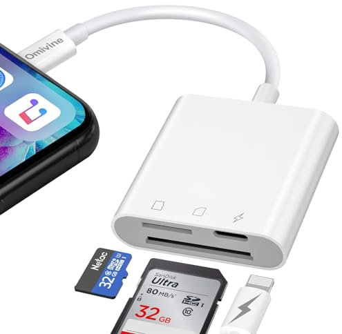 Omivine Lecteur de Carte Mémoire Externe SD 3 en 1 pour iPhone, Lecteur de Carte Mémoire SD et TF Double Fente pour iPad, Adaptateur de Carte MicroSD avec Chargement pour Caméra de Jeu, Drone, etc.