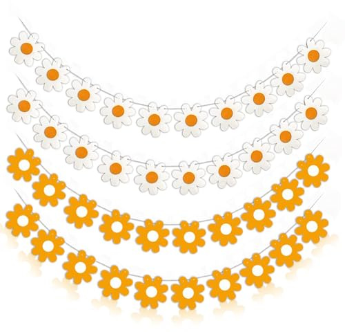 Gänseblümchen Deko, 4 Stück Girlande Geburtstag Weiß Gänseblümchen Banner Boho Party Dekorationen Margeriten Blumen Girlande Banner für Sommerparty Geburtstag Frühling Party