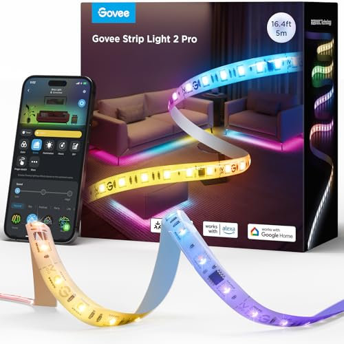 Govee LED Strip Light 2 Pro 5m, Smart RGBIC mit weißes Licht, LED Streifen Funktioniert mit Matter, Alexa und Google Assistant, DIY-Farbe, App-Steuerung mit Musik Sync, für Wohnzimmer Schlafzimmer