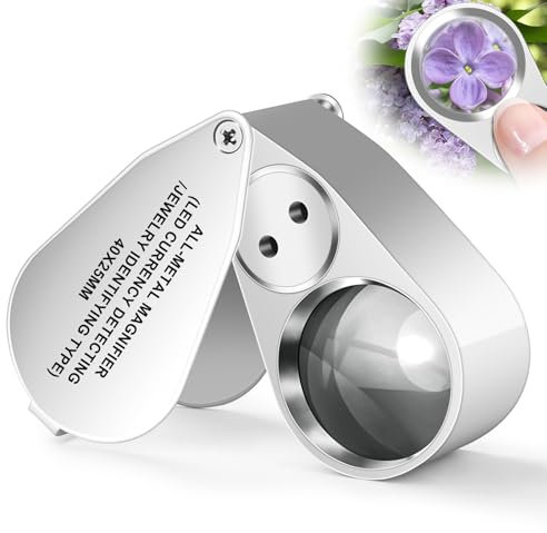 JUOIFIP Juwelier Lupe 40X mit Licht, Tasche Metall Faltlupe Edelsteinelupe mit LED/UV Licht Juwelierlupe Vergrößerungsglas für Enge Arbeit, Schmuck, Münzen,Rocks, Münzen, Briefmarken