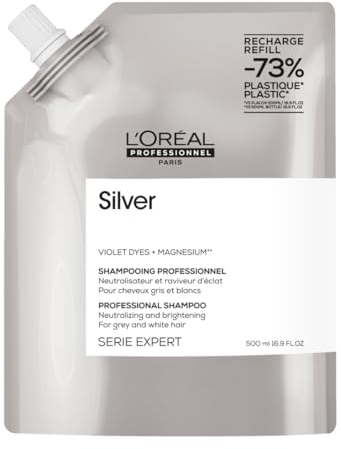 L'Oréal Professionnel, Shampoo Professionale per Capelli Bianchi o Grigi, Colore Brillante, Capelli Morbidi e Luminosi, Arricchito con Magnesio e Agenti Anti-Giallo, Silver, Ricarica, 500 ml