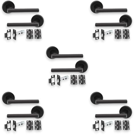 Infinity Decor Set of 5 Pairs Matt Black T-Bar Lever Door Pull Handles with Tubular Latch and Hinges Pack - for Interior & Exterior Doors