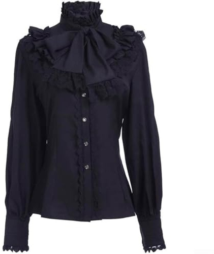 Chemisier Vintage Victorien, Haut Gothique Lolita pour Femme, Chemisier à Manches Longues à Volants Lotus, Blanc, Noir (S Noir)