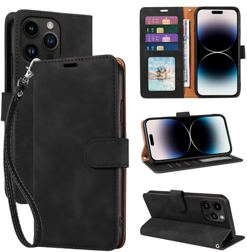 GOTOURED for iPhone 14 Pro Max Case Wallet, RFID Blocking Card, Black | 4 Card Slots, Wrist Strap, Soft PU Leather Flip Cover, Kickstand, Cash Pocket, Magnetic Closure, TPU Shell Protective