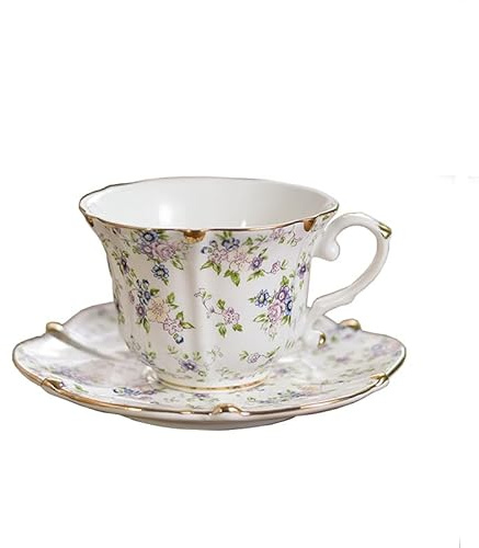 FUENYEJIA Tasse à café et soucoupe en porcelaine anglaise de style européen 200 ml, tasse à thé et soucoupe rétro de luxe avec bordure dorée (floral)