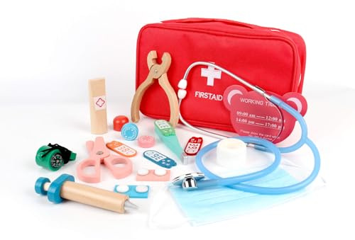 Rebecca Mobili Kit Dottore Giocattolo in Legno, Valigetta Dottore per Bambini, Gioco di Imitazione, Interattivo, per Bambini 3 4 5 Anni, Idea Regalo per Bambini - Art. KR9026