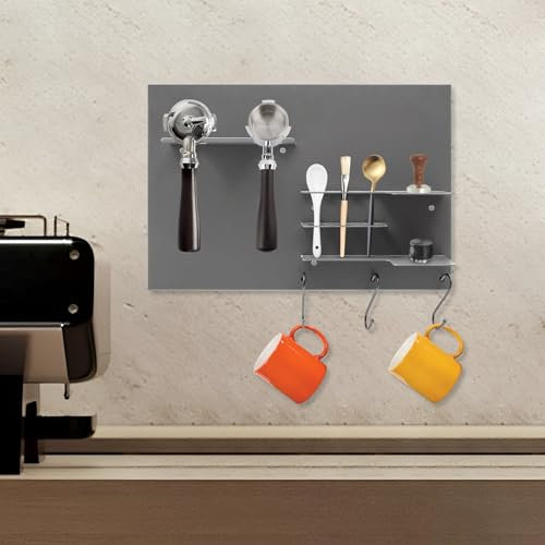 WindWilder Kaffee Siebträger Wandregal 4 Etagen, Kaffee Werkzeuge Wandregale mit 3 Haken, Belastbarkeit 8.8 LBS, Platzsparende Kaffeestation, Kaffee Tamper Ständer für Bar Haus, 36.5x24cm (Grau)