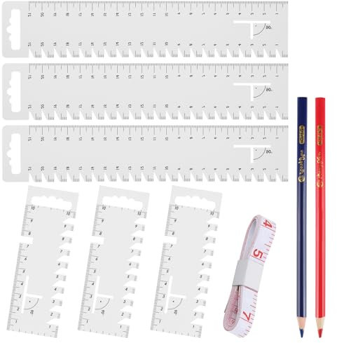 9 Stück Nählineal, 6 Stk Handmaß Nähen mit Gezackter, 1 Lederlineal und 2 Bleistiften, Kunststoff Lineal Nähen Transparent Präzision, Schneiderlineal für Patchwork Zuhause