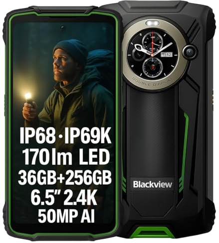 Blackview BV8200 Rugged Smartphone, 170-Lumen Flashlight, Dual Screen, Helio G100 36GB+256GB, 6.5'' 120Hz 2.4K FHD+, 50MP AI Camera, 8800mAh Battery, IP68 Android 14 Outdoor Mobile Phone, NFC Green