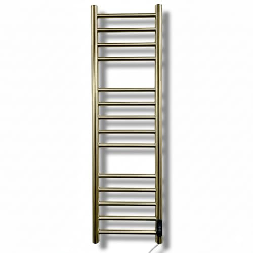 Manissa Siena Brushed Brass Electric Heated Towel Rail 300mm W x 1000mm H | Stainless Steel, Towel Warmer, Bathroom, 2/4hr Timer, Towel Radiator, Energy Efficient, Wall Mounted