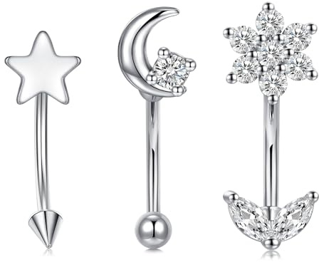 AVYRING Rook Lot de 3 piercings barbell courbés en acier inoxydable 16 G avec motif floral, lune et étoile CZ pour sourcils, daith, hélix, conch, tragus et nombril, 10 mm, Acier inoxydable