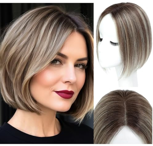 Lagomance Extensions de cheveux pour femmes - 100 % cheveux naturels - Sans frange - Postiche pour femmes - Base suisse de 25,4 cm - Ombre brun avec reflets blonds - Extensions capillaires 4T613