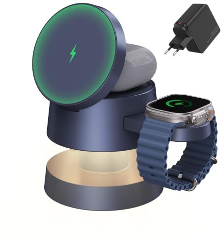 iVANKY Wireless-Ladegerät für iPhone Nachtlicht Ladestation, 100W-Netzteil | 15 W 3-in-1-Reiseständer für MagSafe-Magnetladegerät für iPhone 17/16/15/14, Apple iWatch, Airpods, Laptop, iPad