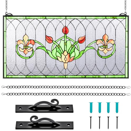 Maxdot 32x16 Stained Glass Window Panel, Horizontal Tulips Irises Decor