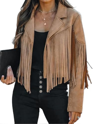 Bibowa Vestes en similicuir pour femmes, veste d'automne tendance avec franges western, veste courte 2025, pompon, Kaki foncé, M