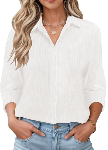 Rapbin Long Sleeve Shirts for Women UK Casual V Neck Going Out Blouses Fashion Button Tee Clothes 2025 White Stripes L(UK 16-18)