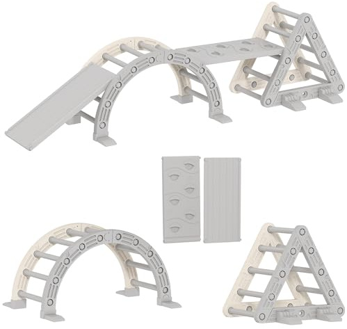 AIYAPLAY 8 en 1 Triangle Escalade Enfants, Arc d'escalade, Rampe Double-Face pour Grimper & Glisser, Chaise à Bascule - Parcours motricité bébé en HDPE et PP, 18 à 48 Mois, Charge Max. 30 kg, Gris