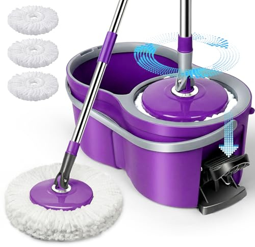 Masthome Mop and Buckets Sets, 360° Rotating Spin Mop Bucket with Foot Pedal, Long Handled Floor Mops Bucket Set for Cleaning Laminate, Hardwood & Tile Floors-Send 3 Reusable Pads