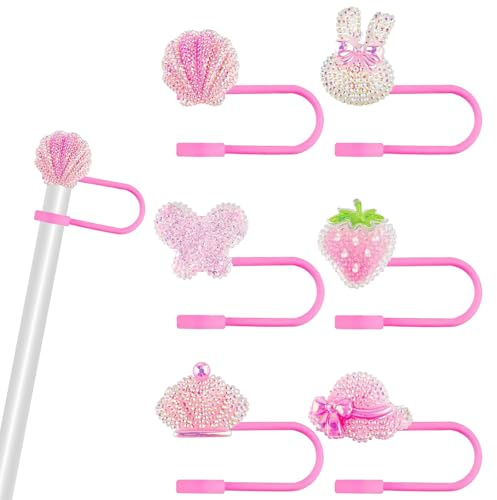 Silicone Straw Cover 6 Pack Pink Glitter for Cups, 8mm Reusable Straw Topper Caps, Dust Plugs Compatible With Stanley Accessories and Tumblers