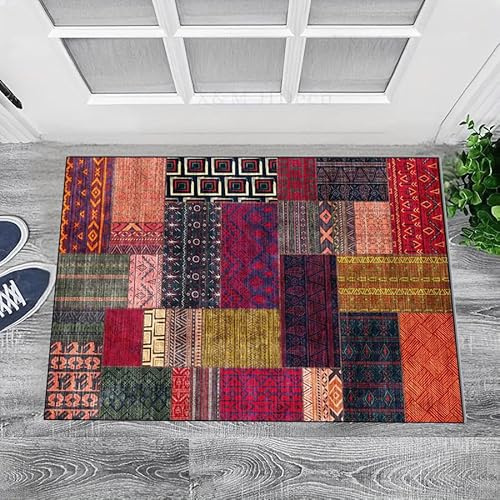 Alfombra de retazos, 120 x 160 cm, antideslizante, lavable a máquina, pelo corto, alfombra vintage para sala de estar, entrada, oficina, escritorio, mesita de noche, dormitorio, geométrico, floral