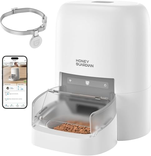 HoneyGuaridan RFID 5G WiFi Distributore Automatico Cibo Gatti, 4.6L Dispenser Crocchette Gatto con Pasti Personalizzati Attivati dal Collare, Monitoraggio Dietetico e Antifurto, Ciotola in Ceramica