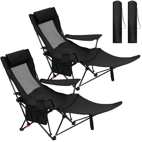 WOLTU Campingstol, hopfällbar, set om 2 med fotstöd, 3 lägen, justerbar, med mugghållare, sidoficka, kan belastas upp till 150 kg, för camping, fiske, picknick, strand, svart