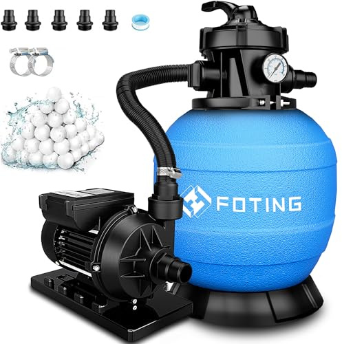 FOTING Depuradora de Arena con Temporizador 24 h – 11.500 L/h, Filtro de Piscina con Bomba, Válvula de 7 Vías con Manómetro, Adaptador Ø32-38 mm, 200 g de Bolas Filtrantes Incluidas