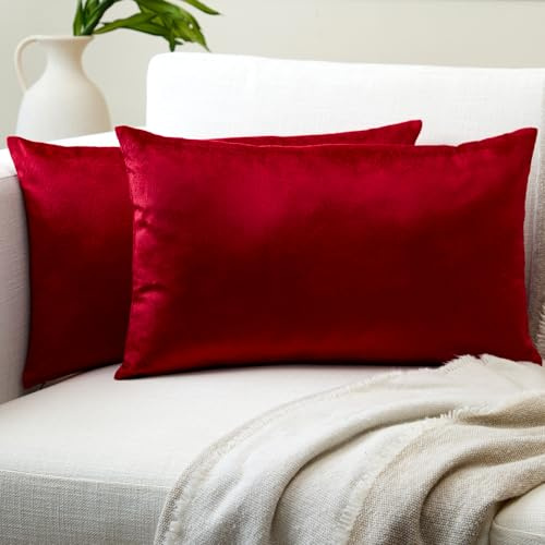 Encasa XO örngott av sammet – set om 2 (30 x 50 cm) – röd – enfärgad – mjuk och slät, tvättbar, kvadratisk, stort överkast örngott för soffa, soffa, stol, säng och vardagsrum