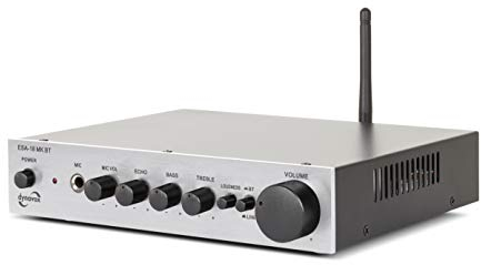 Dynavox ESA-18 MK BT - Amplificatore stereo compatto, terminali di connessione a vite per altoparlanti, antenna BT integrata e ingresso microfono, colore argento