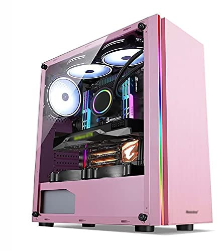Boitier ATX Cas D'ordinateur, Mi-Tour PC Étui De Jeu ATX/M-ATX/ITX - De Face I/O USB 3.0 Porte-latéral en Verre Acrylique - Refroidissement À l'eau PRÊT - RVB Barre De Lumière - Rose, Noir, Blan