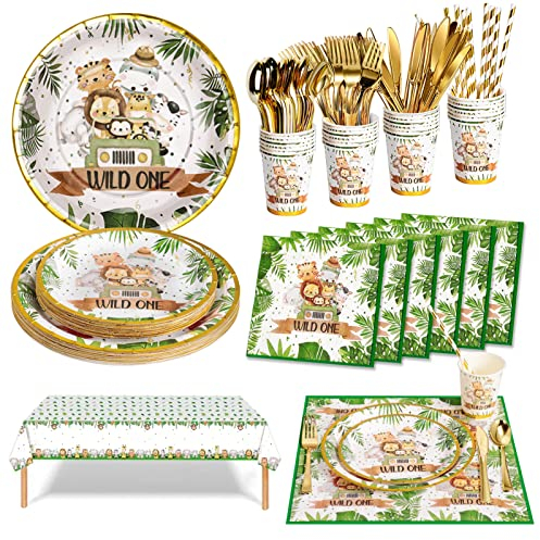 Nkaiso 161pcs Jungle Animaux Thème Party Vaisselle,Kit Vaisselles Enfants Anniversaire Assiette Dîner Papier Tasse Serviette Réutilisable couverts, Party Fête Decoration -20 invités