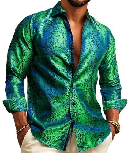 Barry.Wang Chemise boutonnée en soie pour homme Motif cachemire floral Style vintage