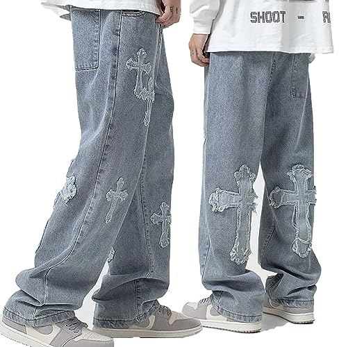 LIXQQS High Street Cross Patch Jeans Mens Trendy Brand Hip-Hop Handsome Straight Loose Wide Leg Long Pants