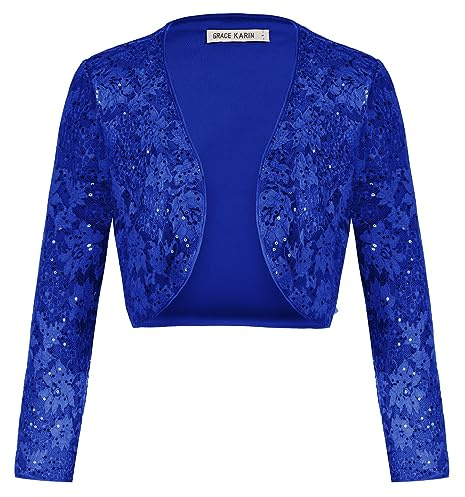 GRACE KARIN Chaqueta Bolero Lentejuelas Mujer Manga 3/4 Frente Abierto Recortado Negro Azul Marino Albaricoque Rojo Oscuro