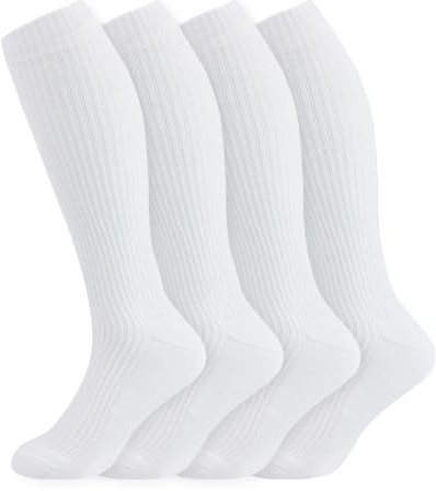 +MD Cotton Compression Socks for Women & Men 4 Pairs 15-20mmHg Knee High for Sports, Travel, Nursing, Long Sitting Standing 4White 9-11