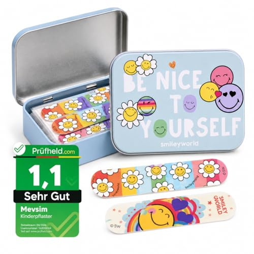 Smiley Kids Bandages – Licensed Metal Tin – 24 Colorful Plasters with Cute Design – Ideal for Backpack, Travel or Purse – First Aid Fun for Children – 1 Pack
