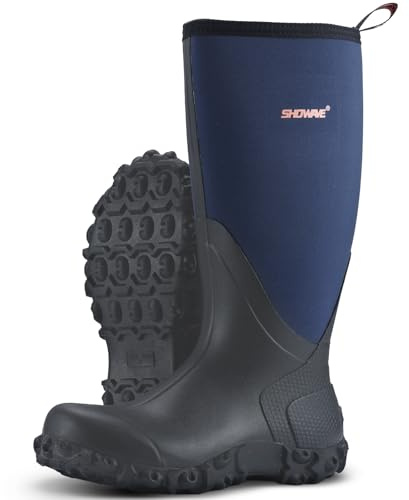 Showave Rain Boots for Men Waterproof Insulated Rubber Neoprene Boots Heavy-duty Mud Boot for Farming Raining Fishing Gardening Yard Work(Navy,Size 9)