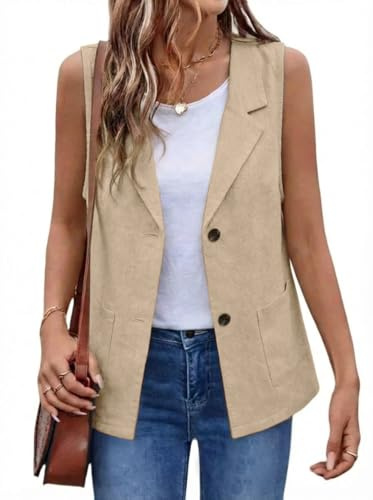 IDEALSANXUN Linen Vest Tops for Women 2024 Casual Fashion Spring Blazers Lightweight Sleeveless Jackets Summer Clothes Waistcoat, Khaki, XXL