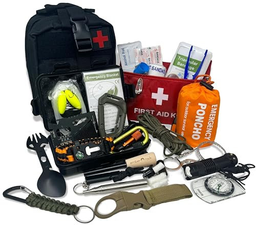 Kit de survie d'urgence – 22 en 1 Équipement d'extérieur Bushcraft – Pochette tactique Molle – Équipement de camping, randonnée, chasse