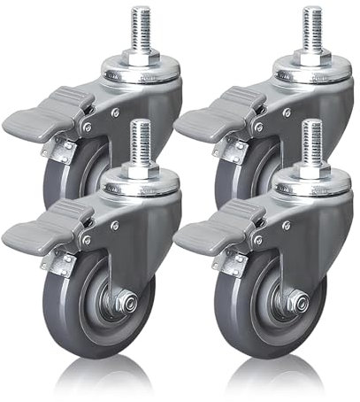 63mm 75mm 100mm Schwerlastrollen M12 Gewinde Vorbau Lenkrollen 4 Stück, 360°Drehbar Leise Polyurethan-Rollen Mit Bremse, Tragfähigkeit 80KG Pro Rolle Ersatzrollen, Für Trolleys Möbel Werkbank(75mm)